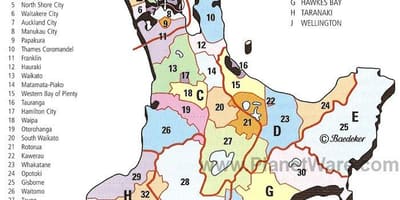 Карта на северниот остров на нов зеланд региони и области